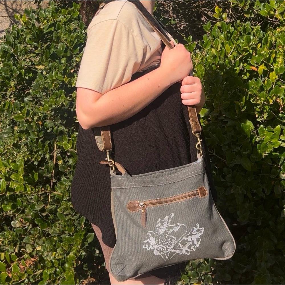 Dual Sided Floral Crossbody Purse Canvas, Leather Strap